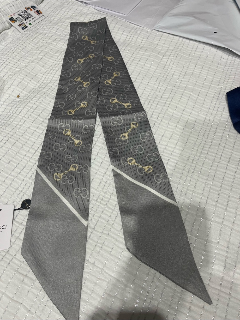 Gucci Gray Silk Logo Twilly with Gold Accents